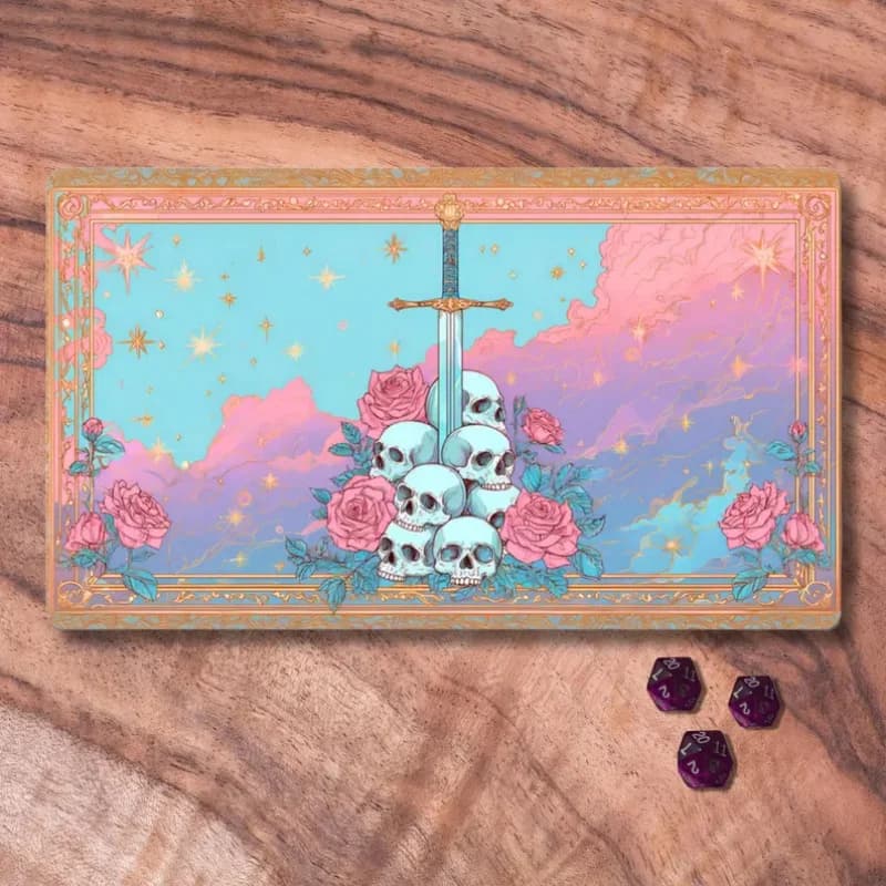 VIKAMA Tappetino da Gioco Magic: The Gathering a Tema Scheletro con Spada, Tappetino da Gioco per Carte Collezionabili Stile Tarocchi Pastello