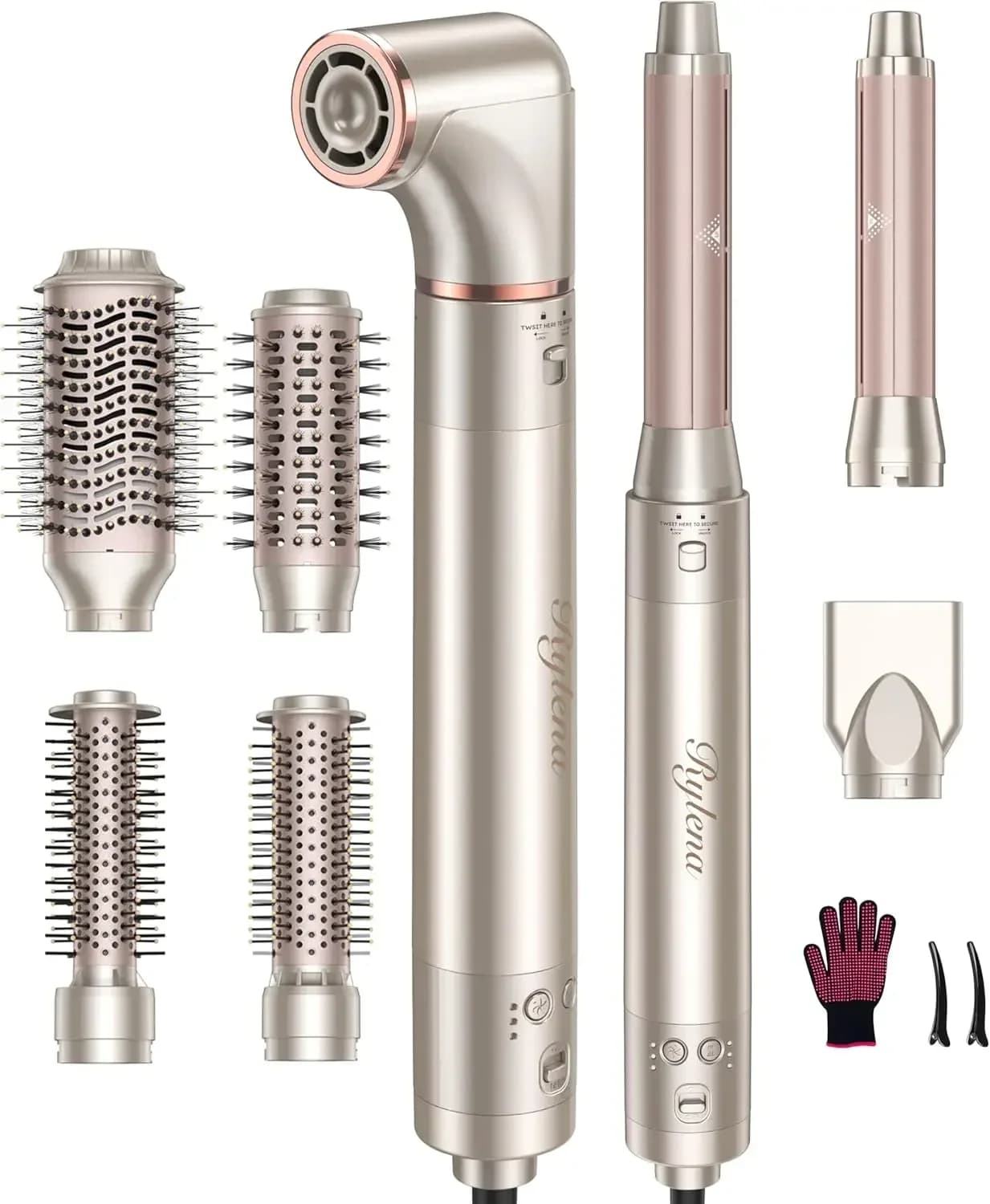 Styler ad Aria Deluxe 8-in-1 Pro 2025 di Rylena, Spazzola Asciugacapelli per Asciugatura Rapida, Arricciatura Automatica, Lisciatura e Volumizzazione, 8 Accessori Intercambiabili