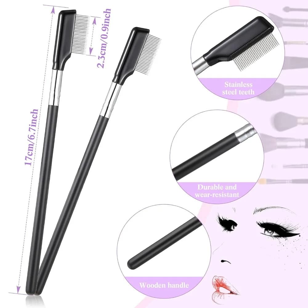 Metal Eyelash Comb 2 Pieces, Mascara Separator and Grooming Tool, Eyelash Curler and Makeup Brush for Women