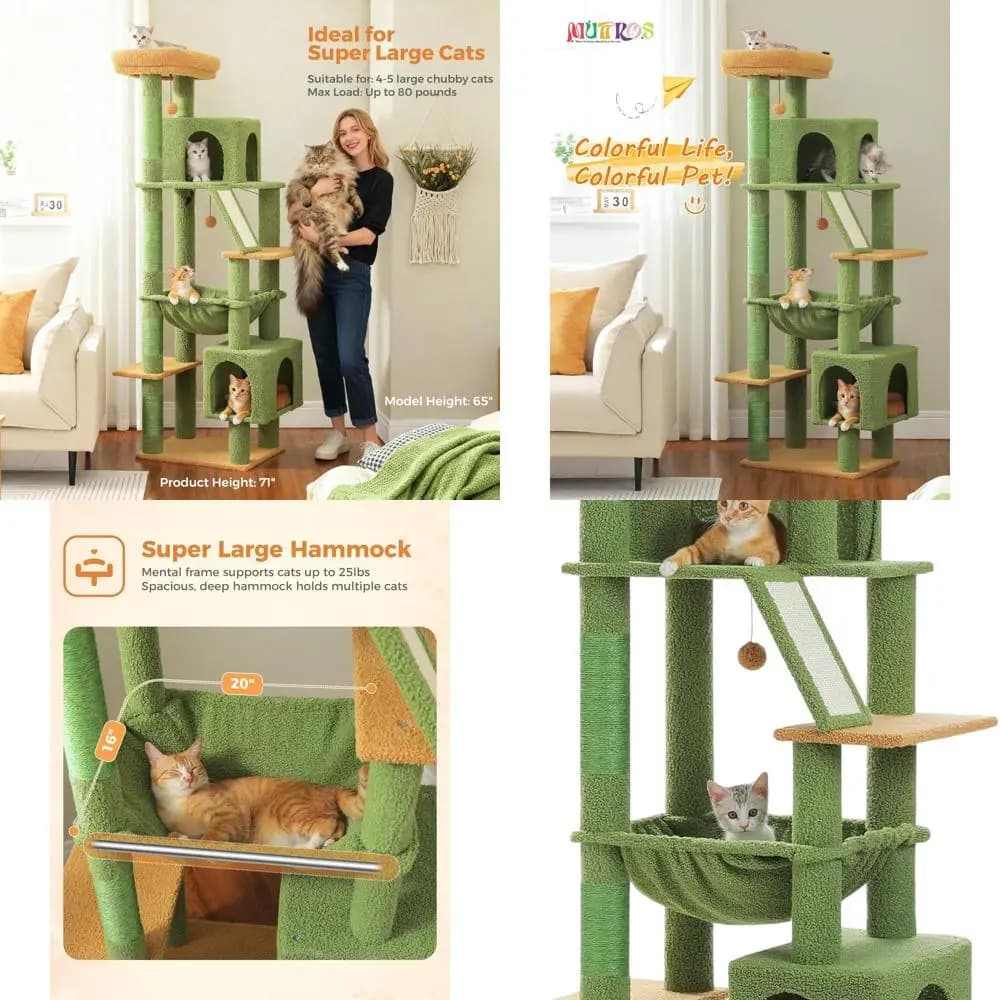 71 albero per gatti alto e resistente con amaca grande, 4 pali in sisal, 2 condotti per gatti da 20 libbre - Verde