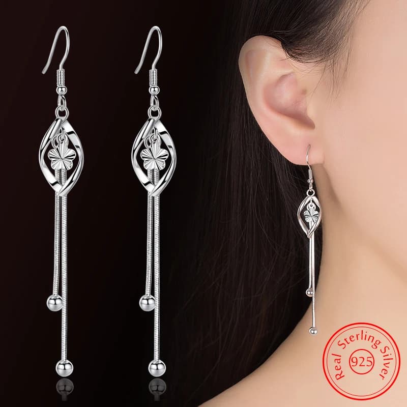 Real 925 Sterling Silver Original Jewelry Long Hollow Leaf Flower Drop Earrings For Ladies New Fashion XY0012