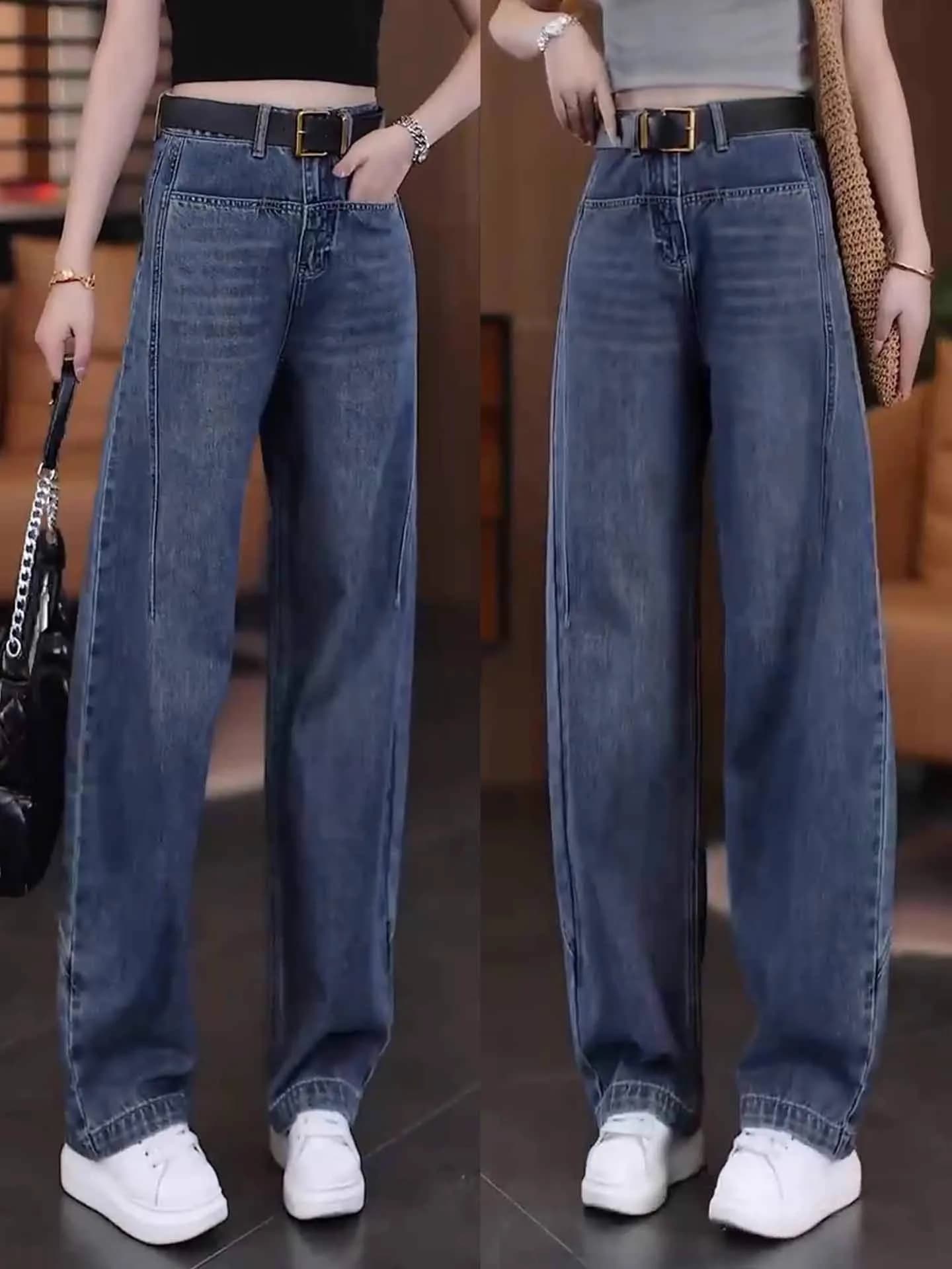 Jeans Retro da Donna a Vita Alta, Gamba Dritta, Modellanti, a Gamba Larga, Casual, in Denim con Chiusura a Cerniera