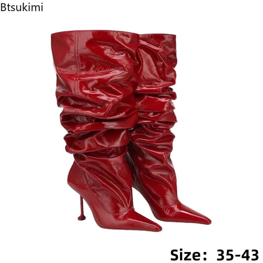 New Pleated Over Large Tubular Boots Pointed Toe Sexy Stilettos Heels Knee High Boots Large Size Modern Boots Street Style Shoes