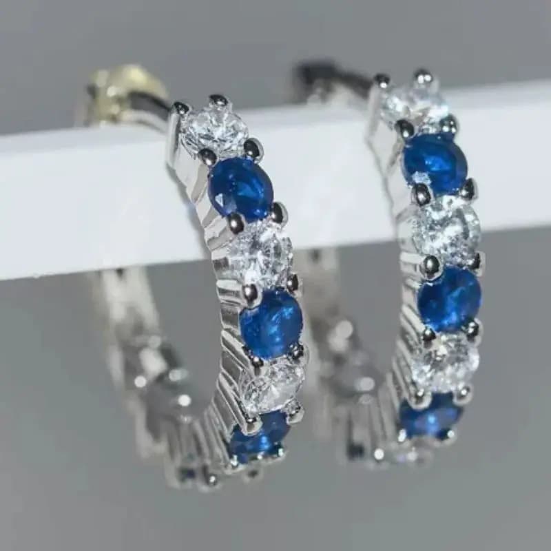 Nuovi Orecchini Ellittici con Zirconi Blu e Bianchi Scintillanti, Gioielli di Lusso Semplici ed Eleganti, Regalo Raffinato di Alta Moda