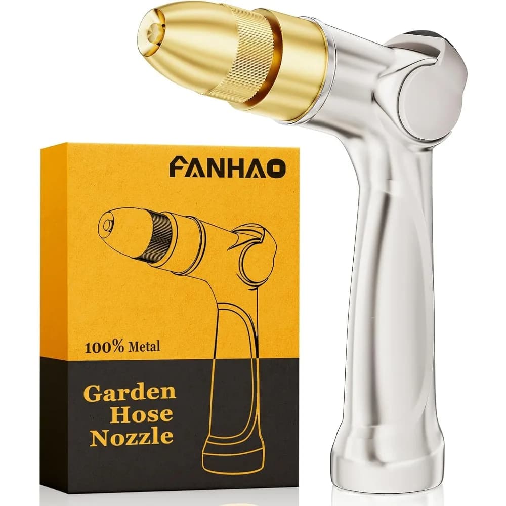 FANHAO Ugello per tubo da giardino professionale per carichi pesanti, ugello per acqua con controllo del pollice in metallo al 100% con punta in ottone, alta pressione regolabile