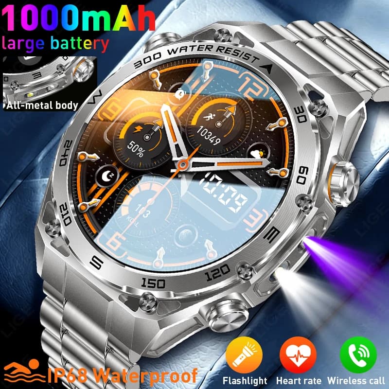 Smartwatch sportivo militare da uomo da 1,53 pollici con luce LED e lampada UV, fitness tracker impermeabile per il nuoto, batteria da 1000 mAh, orologi intelligenti da uomo