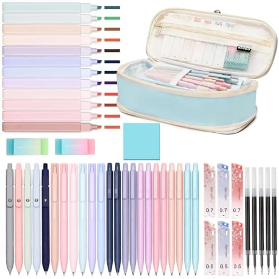 50 PCS Aesthetic School Supplies with Cute Pen Case, 12 Pastel Highlighters, 5 Black Ink Gel Pens, 12 Mechanical Pencils Set 0.