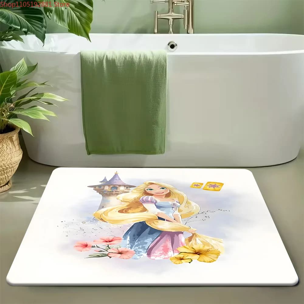 Tappetino da bagno Disney Tangled Rapunzel con torre floreale, tappeto da bagno super assorbente antiscivolo, tappetino da doccia ad asciugatura rapida con fiori ad acquerello