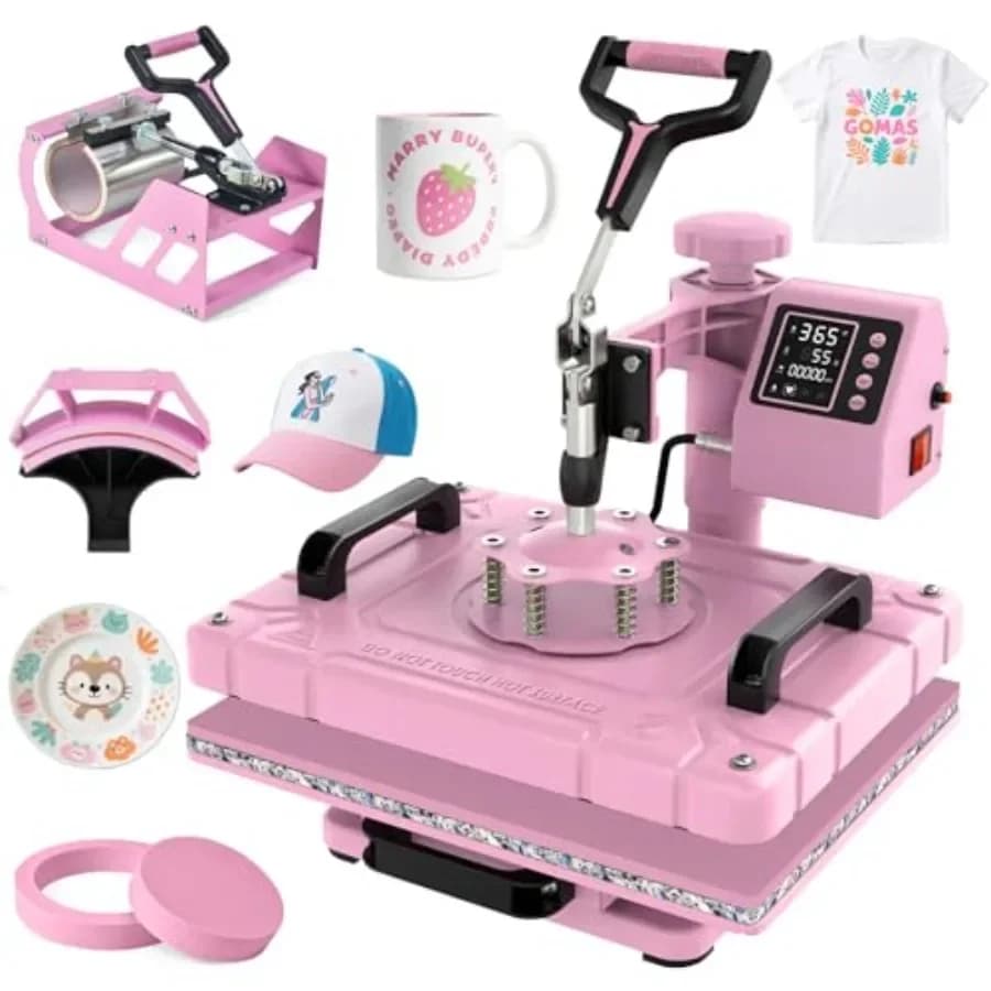 Heat Press Machine for T-shirts, mugs, hats, caps; aluminum alloy body; black; 360-degree swing-away, digital temperature contr