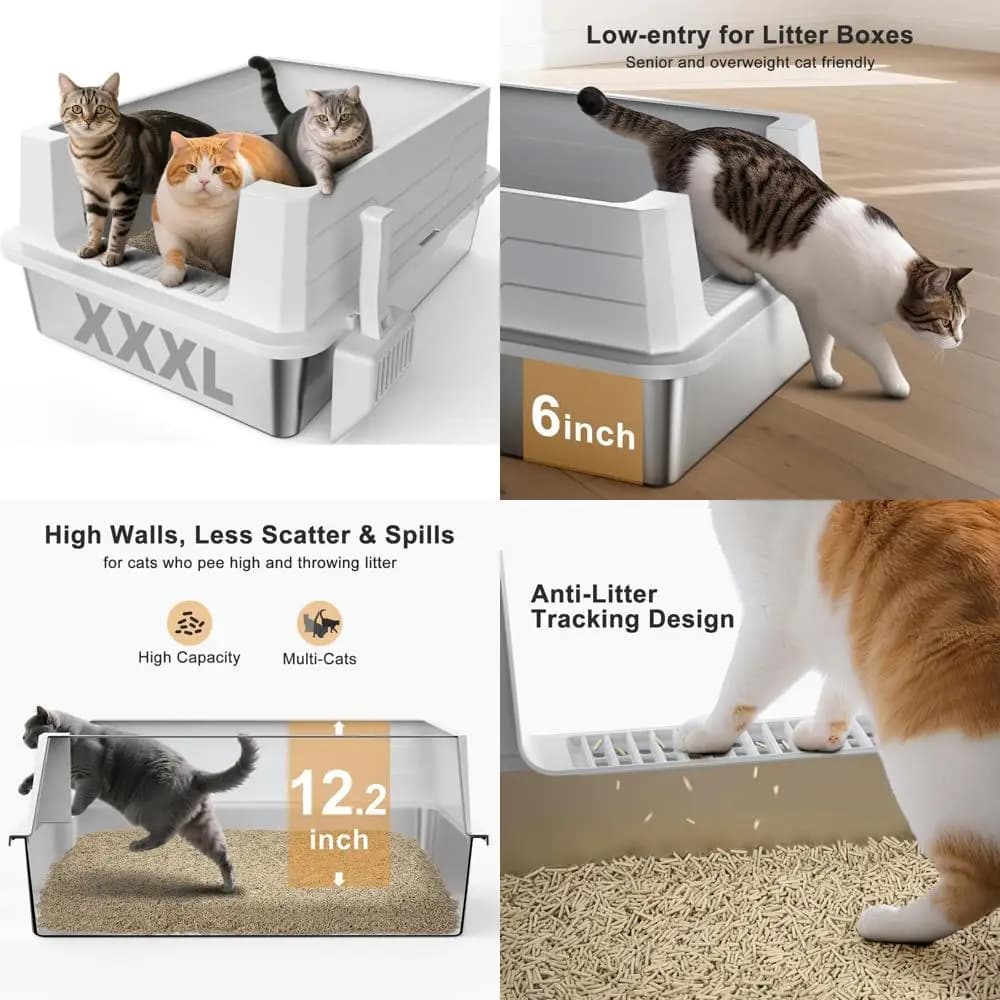 Lettiera extra large in acciaio inossidabile per gatti di grandi dimensioni e case multi-gatti con coperchio alto e funzione anti-urina