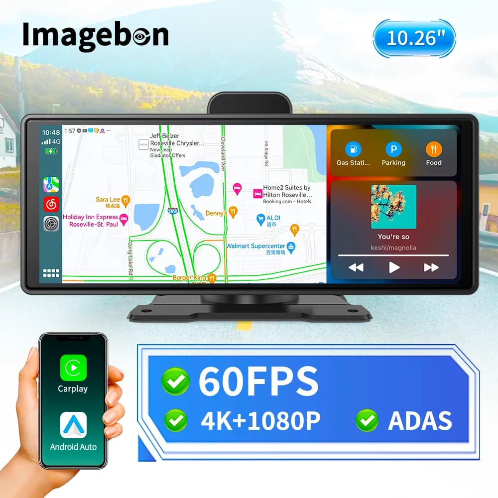 Imagebon 10.26 "Wireless CarPlay e Android Auto Dash Cam ADAS 4K DVR Bluetooth Audio AUX Navigazione GPS Cruscotto Videoregistratore