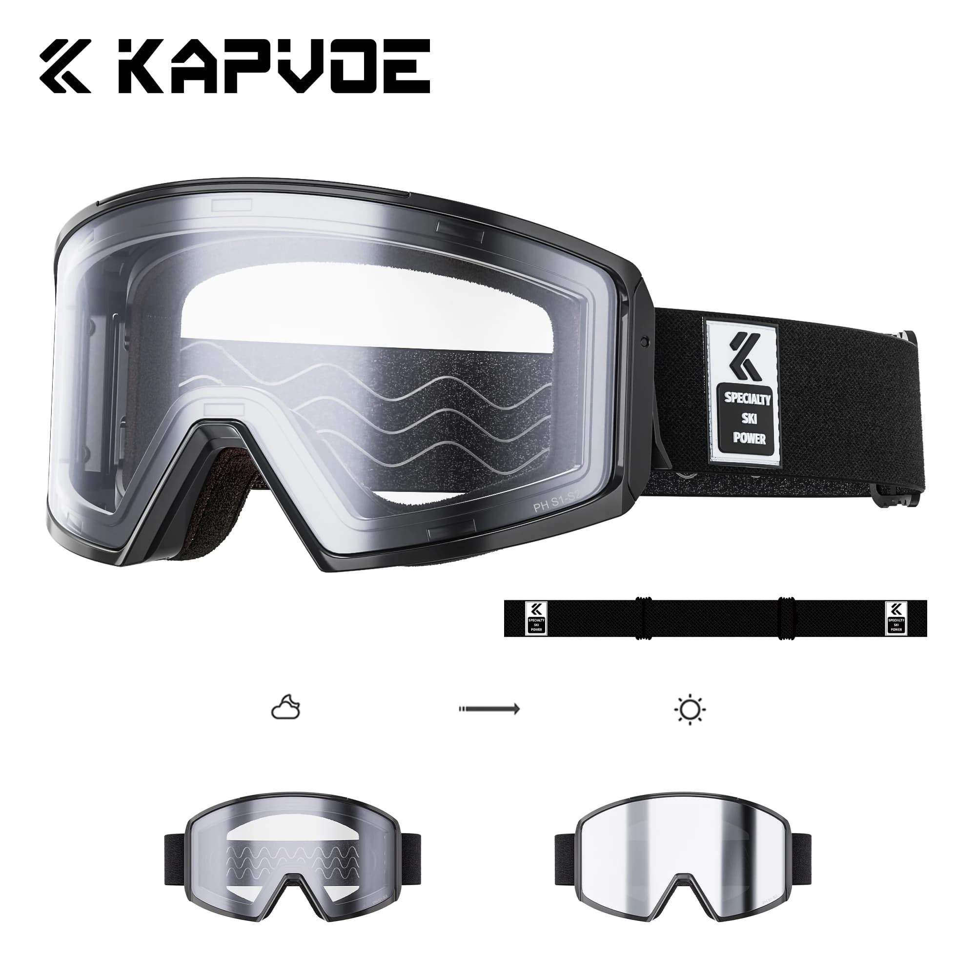 Occhiali da Sci Fotocromatici Kapvoe, Maschera da Snowboard e Sci per Uomo e Donna, Kit Lenti Antiappannamento, Protezione UV400, Occhiali da Motoslitta
