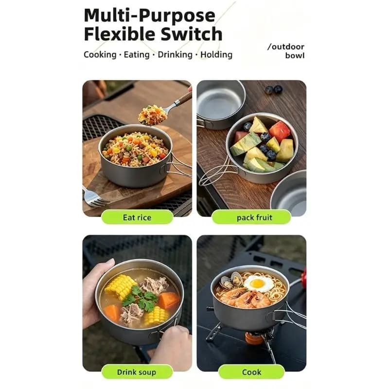 R6FE Trail Meal Bowl with Metal Body and Wire Handle for Camp Stove Heating, Outdoor Serving, Backpacking Use and Shared Meal