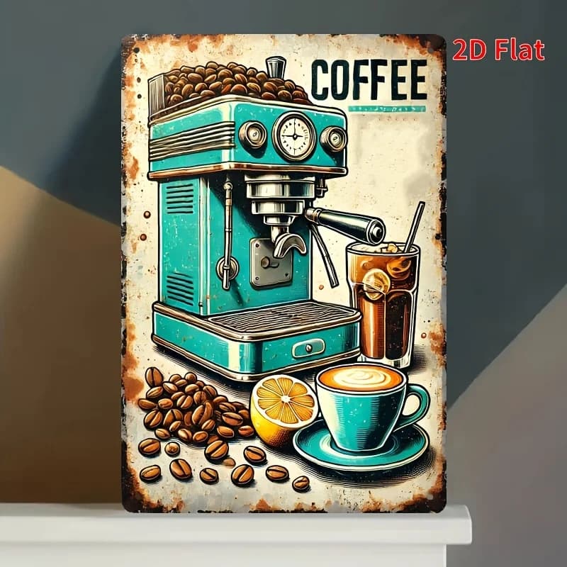 2D Flat - A Vintage-Style 2D Flat Wall Art Sign Featuring an Espresso Machine And Coffee Beans Design, Made of Distressed Metal