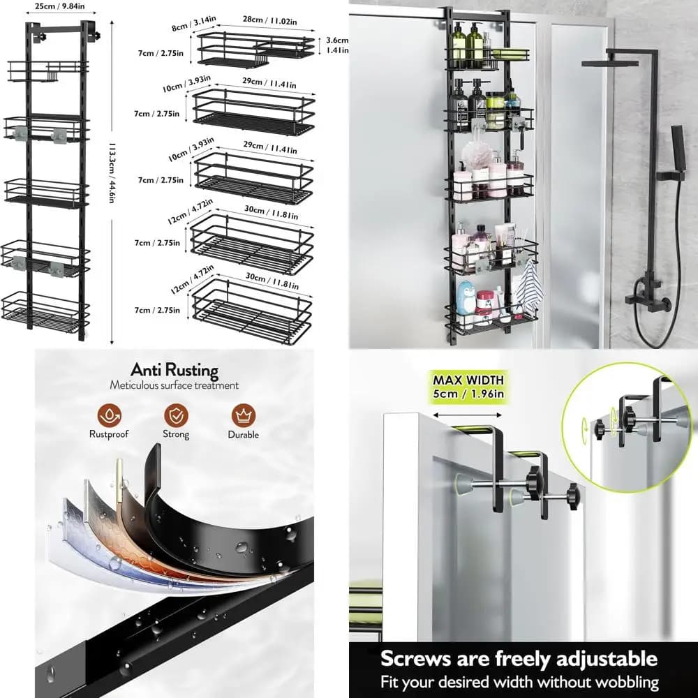 Cesto doccia nero regolabile a 5 livelli con 4 ganci, organizer da bagno sospeso, cesto doccia con portasapone e ventose