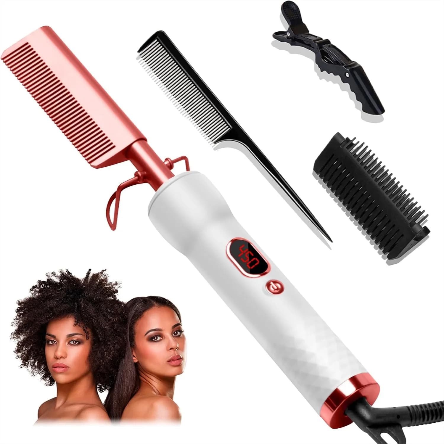 Pettine Elettrico per Capelli Neri con 12 Impostazioni di Temperatura Fino a 450 Gradi ° F, Pettine Elettrico per Arricciare/Allisciare, 110-240V