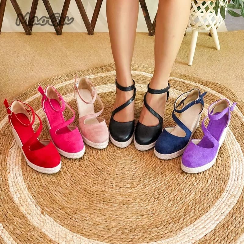 34-43Size Women's Espadrille Wedge Sandals Suede Closed Toe Ankle Strap Platform Shoes Comfortable Wedge Heels for Summer Casual