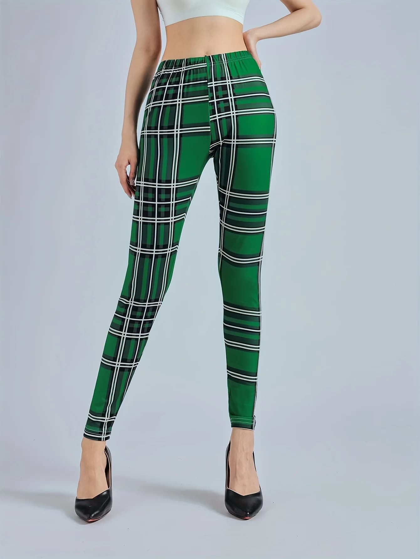 Leggings stampati a scacchi verdi da donna Leggings a vita alta e elastici alti pantaloni a matita Casual pantaloni attillati