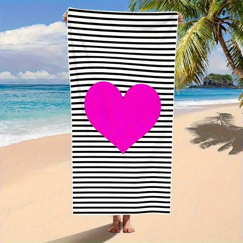 Telo mare oversize ad asciugatura rapida - Progettato con cuori rosa e strisce bianche e nere, adatto per piscine, palestre e viaggi