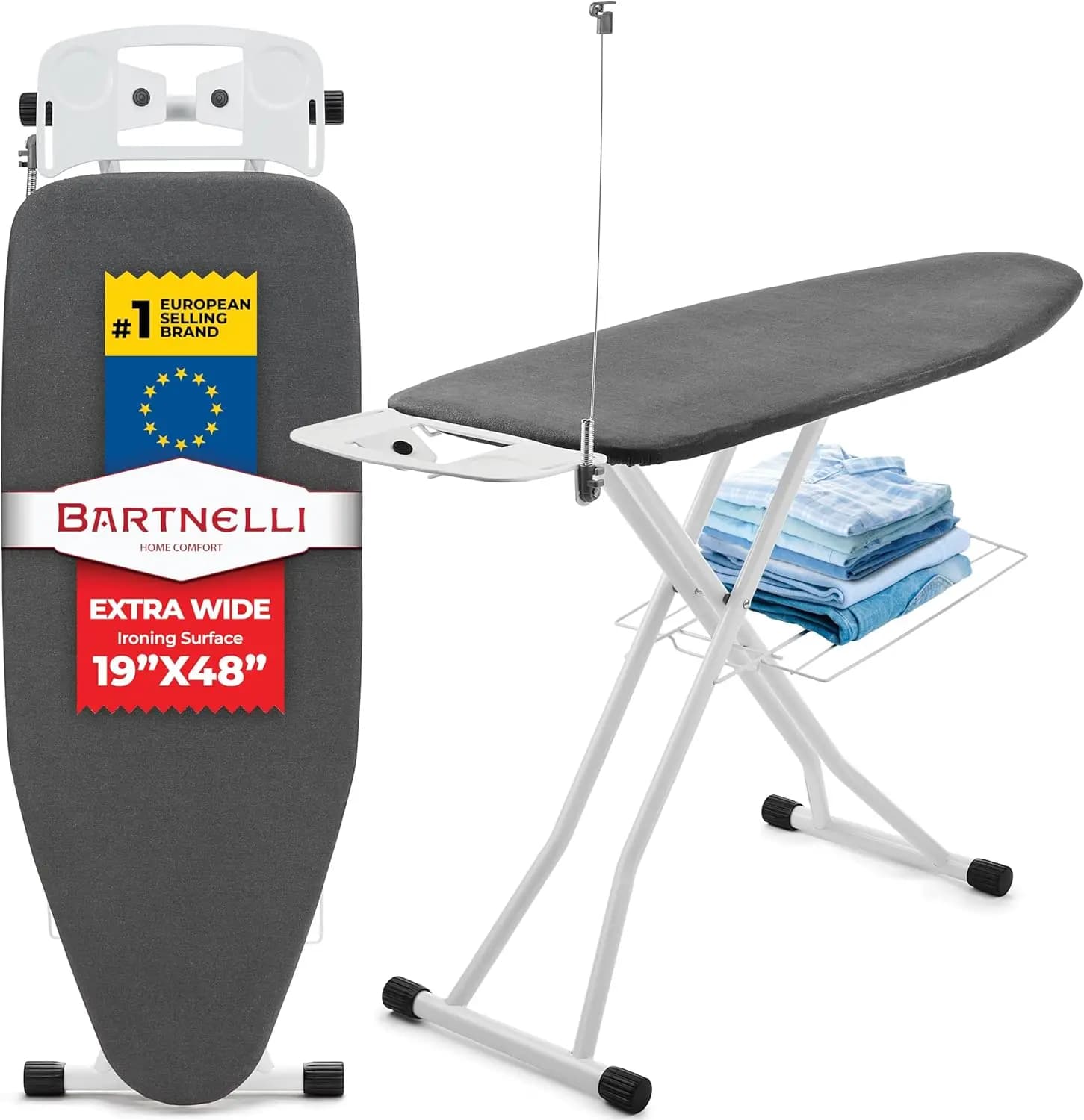 Asse da Stiro Extra Larga Professionale 19x48 con Supporto per Ferro da Stiro, Portacavo, Ripiano e Copertura e Tappetino Termoresistenti a 4 Strati