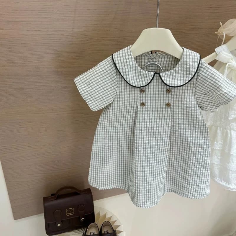 Summer New 2026 Design Sense Plaid Doll Collar Short Sleeved Button Decoration Cute Princess Dress