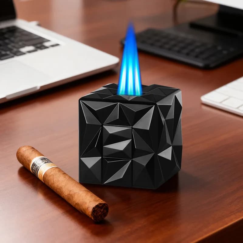 Creative Desktop Metal Cigar Lighter Windproof 3-Fire Includes Puncture Needle and Cigar Punch Table Lighter Smoking Accessories