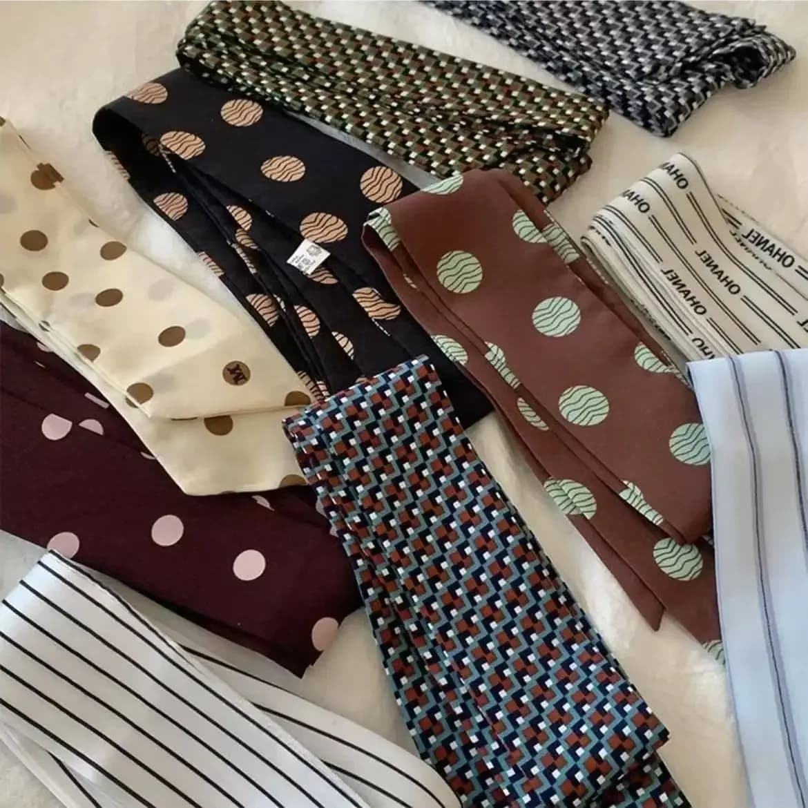 Korean Style Polka Dot & Stripe Printed Scarf, Skinny Long Ribbon for Hair & Bag, Versatile Elegant Neck Scarf
