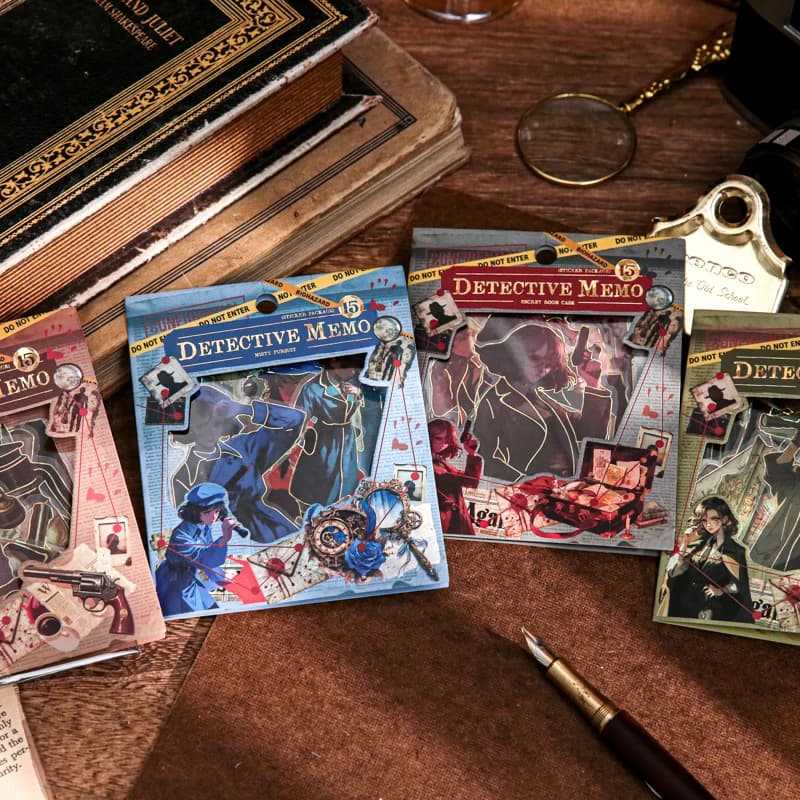 Vintage Detective Memo Themed Stickers Set Retro Crime Scene Design for Junk Journal Scrapbooking DIY Craft Supplies Decor