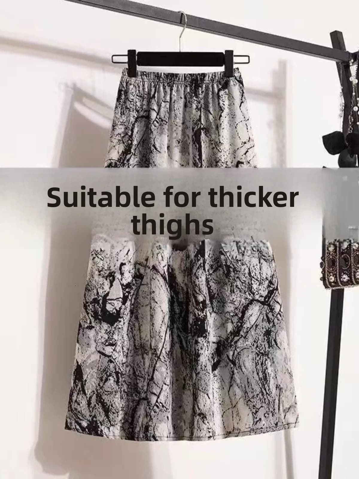 New Chinese style midi skirt with water blue pattern, strong sizes, summer fashion, trapeze skirt that hides the belly, slender, high waist