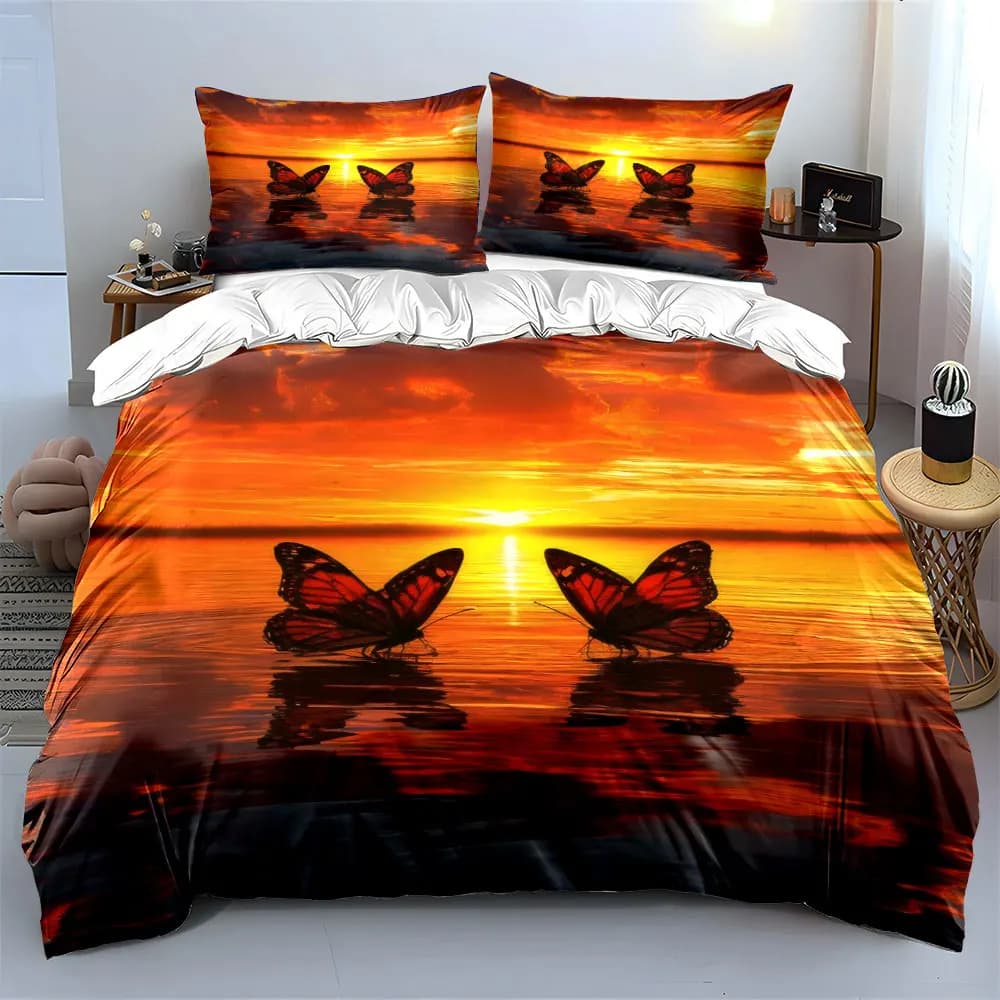 Set decorativo Butterfly Sunset, set di biancheria da letto morbido e delicato sulla pelle, include 1 copripiumino e 2 federe, regalo