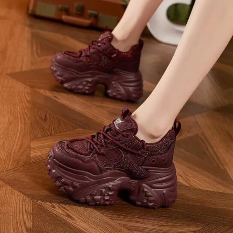 NEW 9cm Microfiber Synthetic Chunky Sneakers Spring Autumn Shoes Genuine Leather Ankle Booties Bling Women Vulcanize Shoes Boots