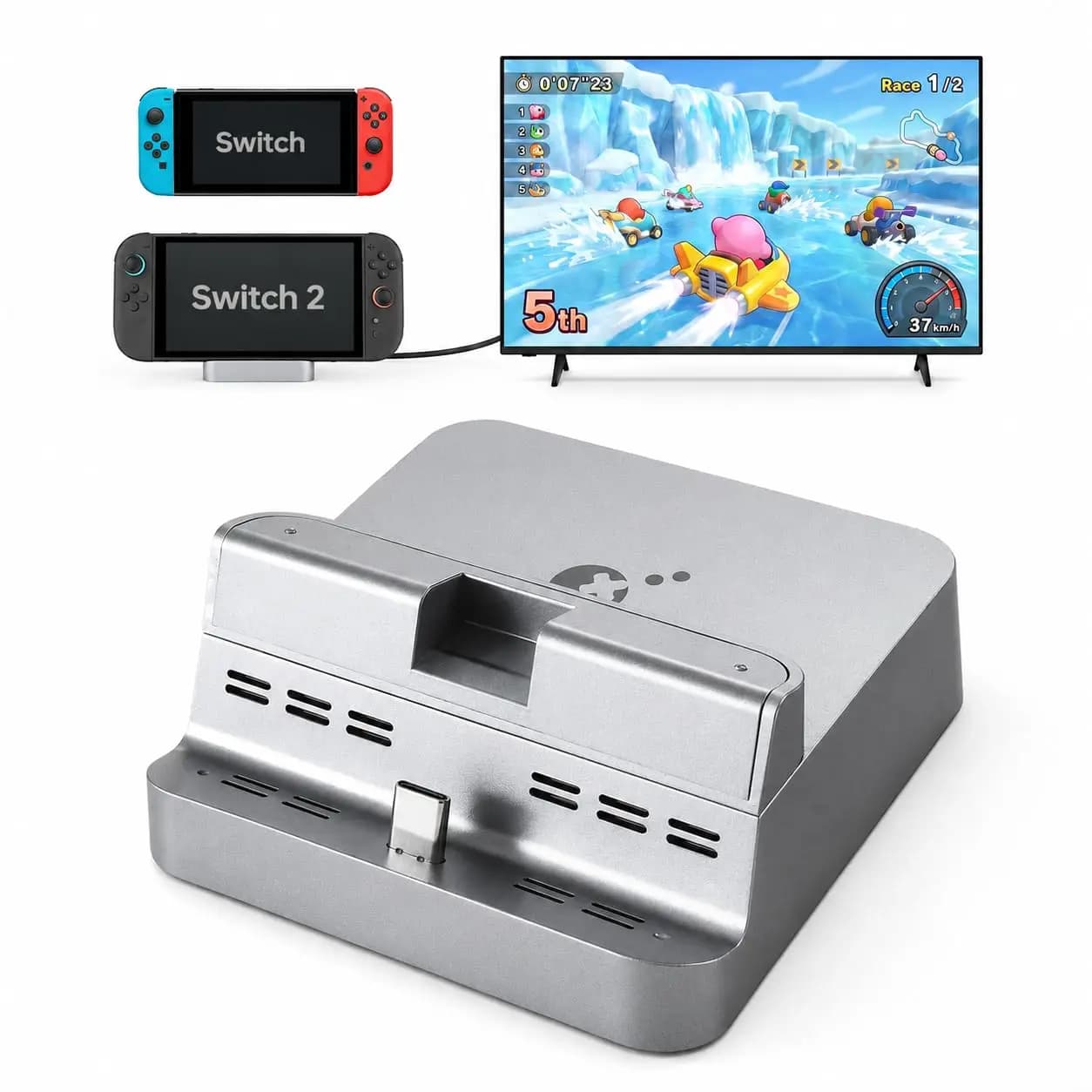 All-in-One Switch 2 Dock, 4K 60Hz HDMI Docking Station with PD 100W Fast Charging, Adjustable USB-C Port for Use with Cases