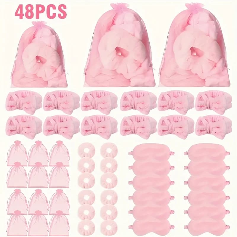 Set da 48 Pezzi per Festa Spa e Pigiama Rosa - 12 Fasce per Capelli, 12 Maschere per Dormire, 12 Fasce in Poliestere, 12 Sacchetti Regalo in Organza