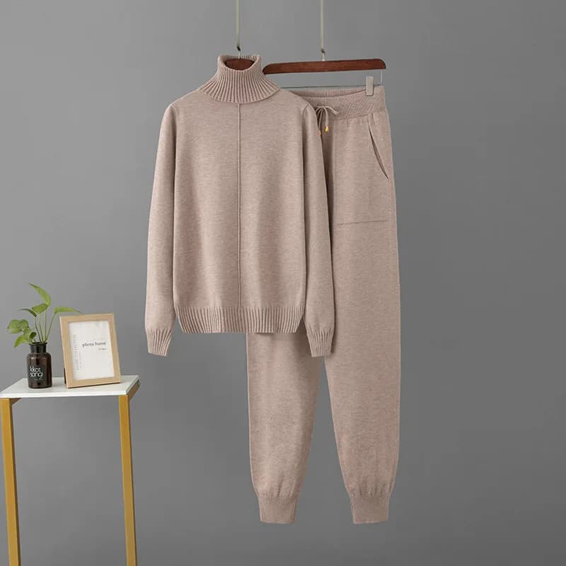 2026 New Women 2 Piece Knit Tracksuit Turtleneck Long Sleeve Sweater + Drawstring Jogger Pants Soft Casual Matching Lounge Set