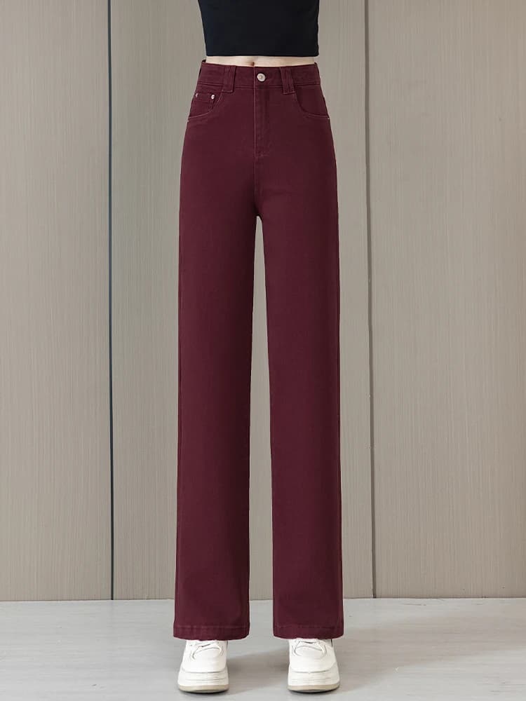 Jeans Ankela a Vita Alta e Gamba Dritta per Donna, Versione Slim Casual Primaverile e Autunnale, Pantaloni a Gamba Larga Rossi