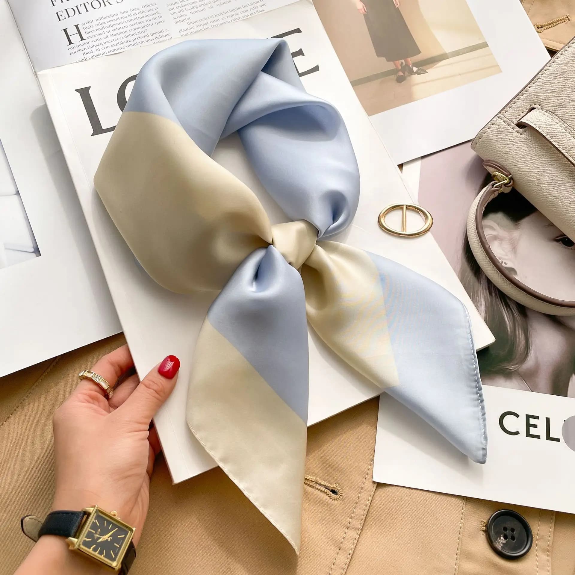 Foulard Quadrato in Seta con Stampa a Quadri per Donne, Hijab, Fascia per Capelli, Sciarpa da Collo 70cm, Nastro per Capelli in Raso