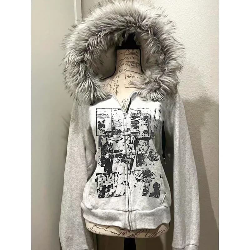 Giacca con doppia cerniera in lana di pelliccia sintetica grigia Felpe con cappuccio da donna Vita sottile con cappuccio Cappotti Y2k vintage Felpa moda casual Ropa Mujer