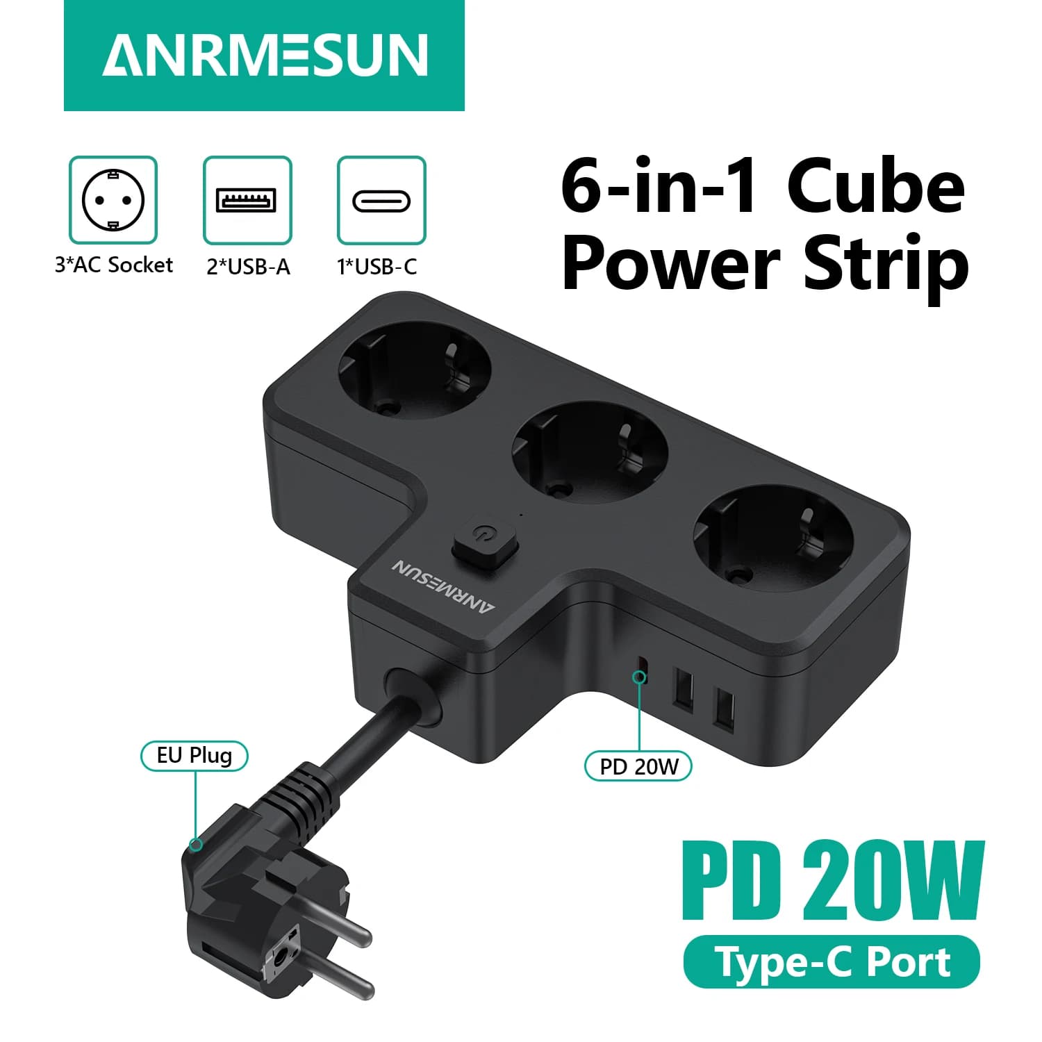 Presa multipla da muro con spina europea con 3 prese di corrente CA 2 porte punto di ricarica USB 1C Adattatore di alimentazione 16A 250V adatto per i viaggi a casa
