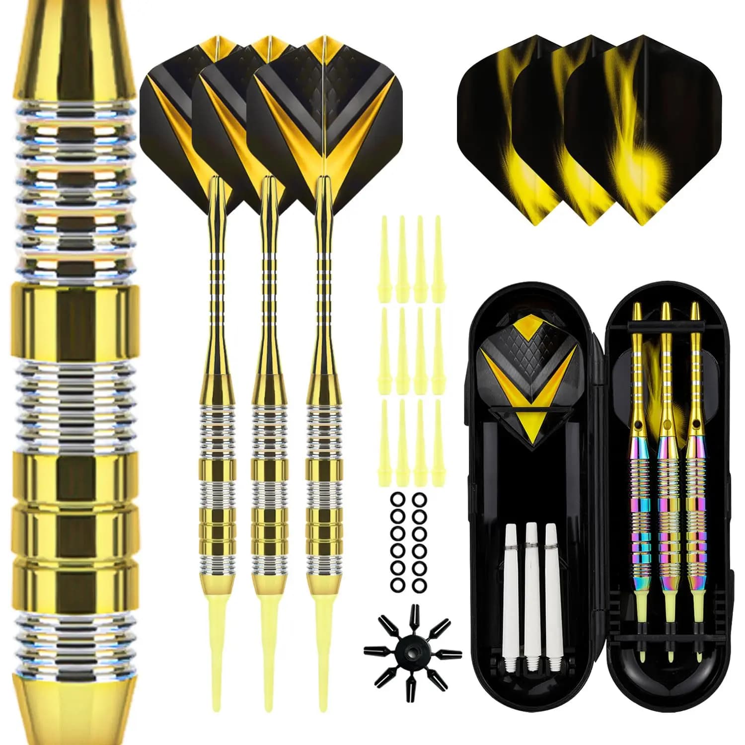 3Pcs Golden Knurled Soft Tip Darts Set Black Yellow Flame Dart Flights With Storage Box Full Game Accessories