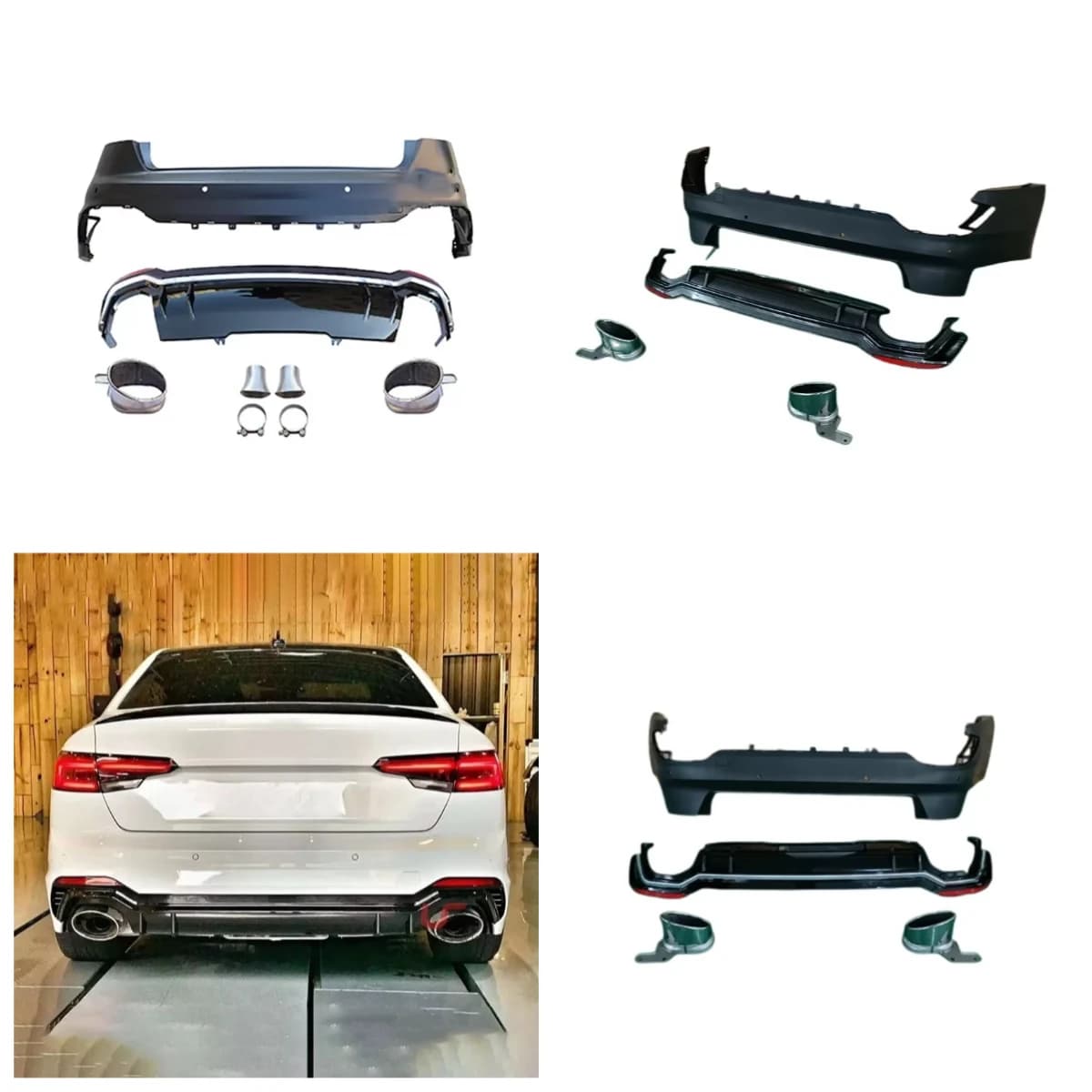 High Quality Rear Bumper for A4 B9 Modified to RS4 Style Rear Bumper Diffuser with Exhaust Pipe Muffler Tip 2017-2019