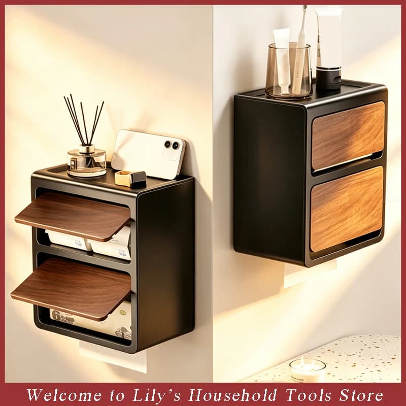 No Drill Wall Mount Double Layer Tissue Box Wood Grain Bathroom Toilet Paper Holder Wall Tissue Dispenser with Storage Rack