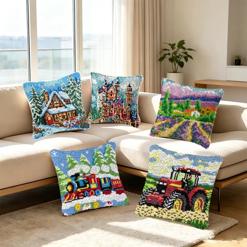 Latch Hook Outdoor Series Cushion Pillowcase Crocheting Carpet Scenery Embroidery Pillow Latch Hook Kits Knitted Knot Pillows