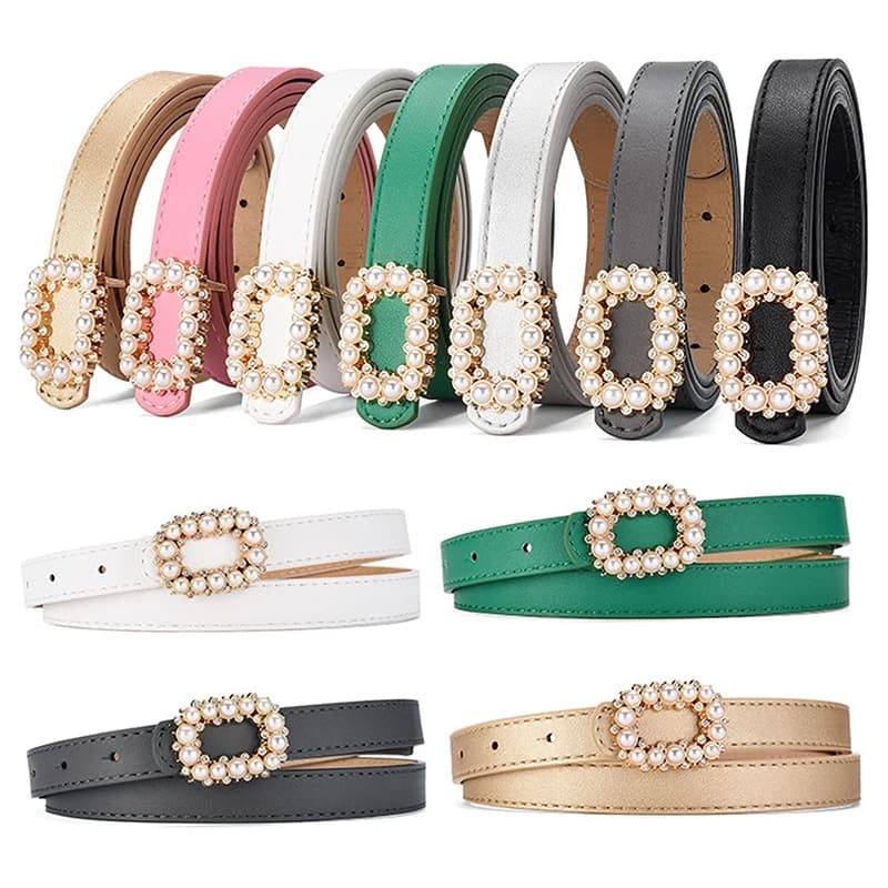 New inlaid buckle of women's pearls Versatile women's belt in genuine leather with matching high-end fashion decoration