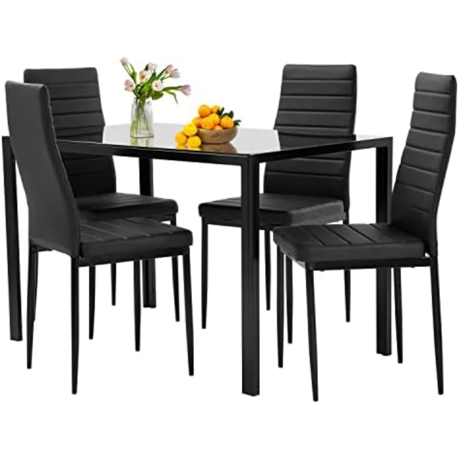 5-Piece Dining Table Set | Black | Glass Kitchen Table with 4 Upholstered Chairs and Faux Leather Cushions