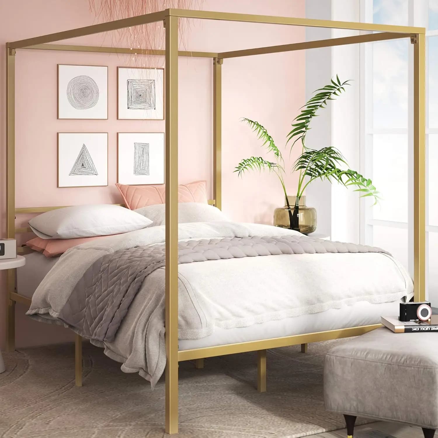 Zinus Patricia Gold - Metal canopy bed structure, mattress base with steel slats support, does not require spring mesh, easy to mount