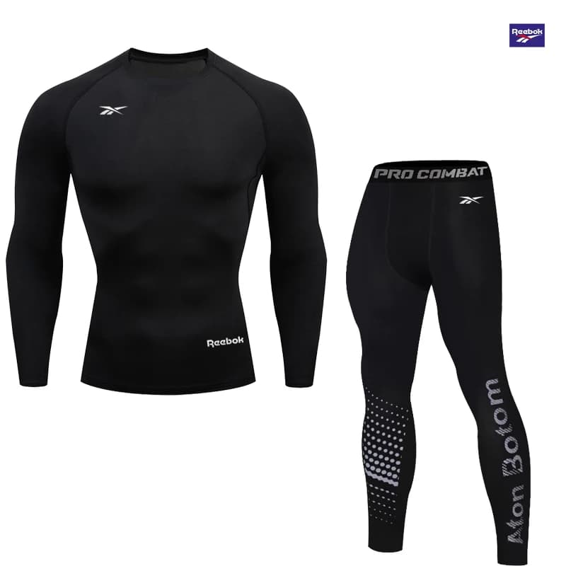 Reebok Men's Compression Long Sleeve T-Shirt Set, Stretch Training Suit, Fitness Workout Compression Top, Sport Shirt, Comfortab