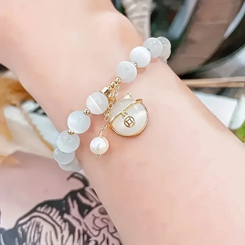 Elegante Braccialetto con Perline di Opale e Ciondolo a Forma di Gatto, Grazioso Regalo di Gioielleria per Lei, Accessorio per Uso Quotidiano e Feste per Tutte le Occasioni