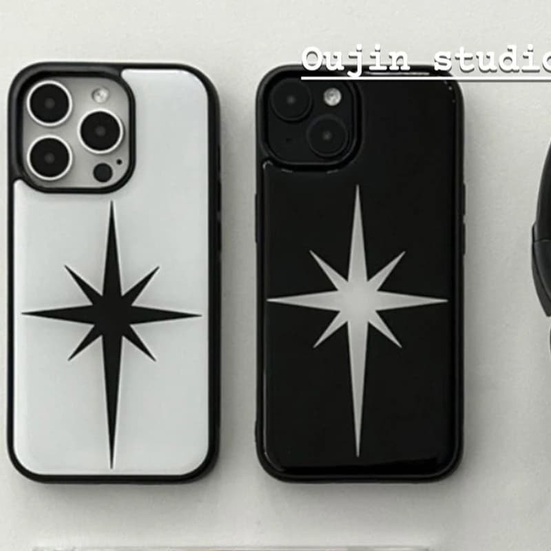 Cover per iPhone 17 Air 16 Pro Max 15 14 Plus 13 12 11 con bordo nero e stella bianca in stile coreano, con colla a goccia