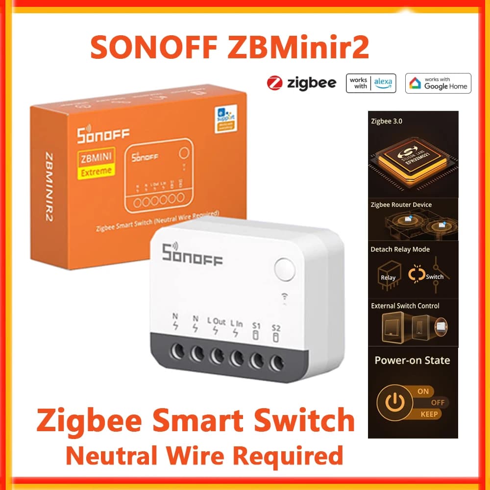 Smart Zigbee SONOFF ZBMinir2, External Control Extreme ZBMini R2, Relay Stackable, Requires Neutral Wire, Zigbee Switch