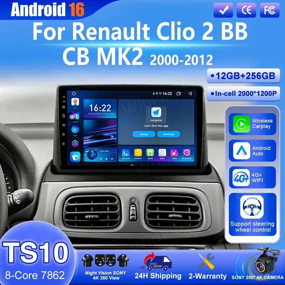 Android 16 Radio Stereo For Renault Clio 2 BB CB MK2 2000 2001 - 2012 Auto Multimedia Video Player Wireless Carplay Navigation